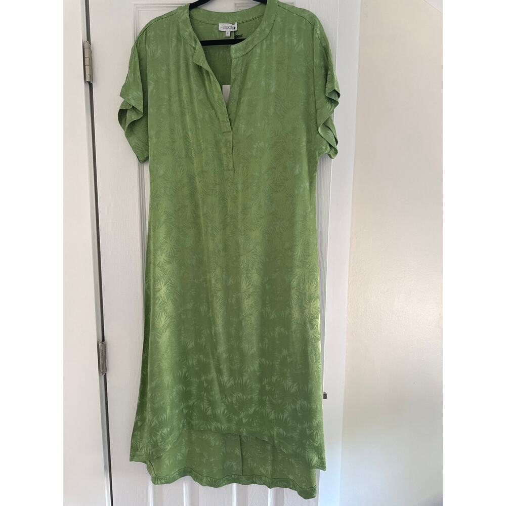 Sedge NWT Sage Green Satin Midi Dress Size Small Short Sleeve Shift Dress